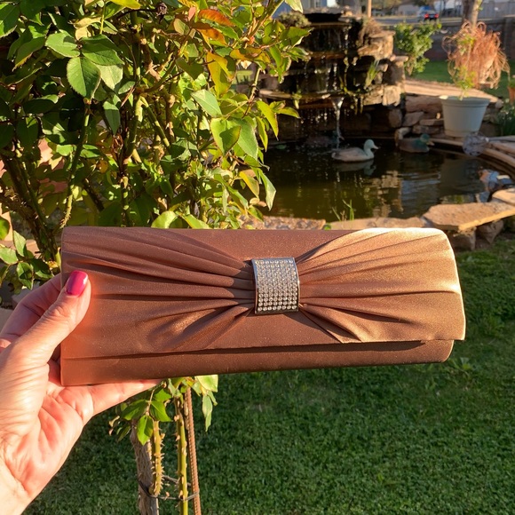 Chocolate Brown Satin Rhinestone Special Occasion Clutch NWT